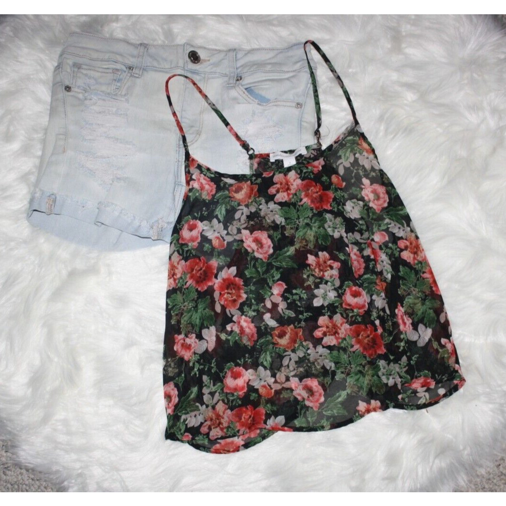 Ambiance Apparel Flowy Crop Top SZ S Spaghetti Straps Slit Back Colorful GUC